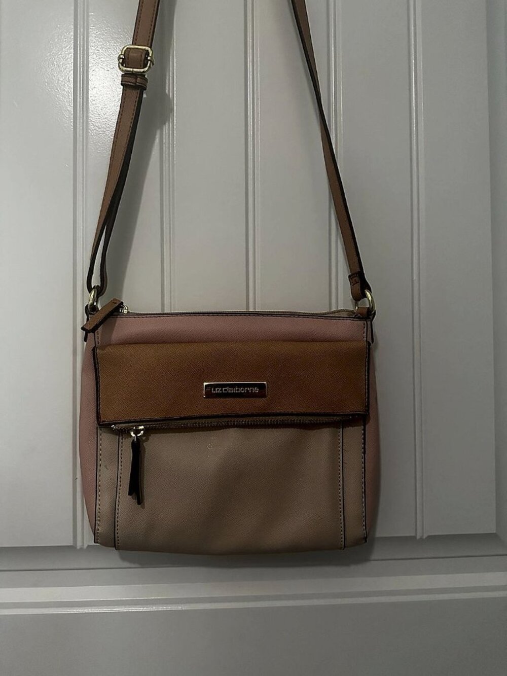 Liz Claiborne Colorblock Crossbody Handbag, Cream/Tan/Pink Saffiano with Gold Ac